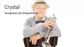  Presentation with trumpet - Beautiful slide set featuring bugle - senior gentleman holding trumpet seated backdrop and a white colored foreground