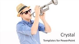  Presentation with trumpet - PPT theme having bugle - young male musician blowing background and a  colored foreground
