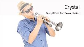  Presentation with trumpet - Cool new slide deck with bugle - young male musician with sunglasses backdrop and a white colored foreground