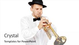  Presentation with trumpet - Audience pleasing presentation theme consisting of bugle - young man playing a trumpet backdrop and a white colored foreground