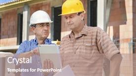  Presentation with history of a computer - Theme with buiders looking at a tablet background and a coral colored foreground