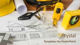  Presentation with construction tools - Slide set consisting of build - construction plans with yellow helmet background and a soft green colored foreground