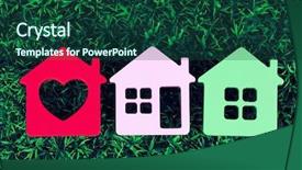  Presentation with toy - Audience pleasing presentation design consisting of build - toy houses on grass background backdrop and a ocean colored foreground