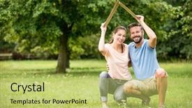  Presentation with safety construction - Beautiful PPT theme featuring couple holding roof as home backdrop and a yellow colored foreground