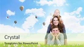  Presentation with family - Slide deck with happy family of three lying background and a  colored foreground