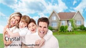  Presentation with family new born - PPT theme enhanced with build house - happy family near new home background and a  colored foreground