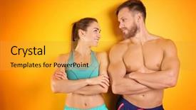  Presentation with sporty - Amazing PPT theme having build relationships - sporty young couple on color backdrop and a gold colored foreground