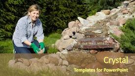  Presentation with garden pond - Amazing slide deck having build rock - mature woman move stones backdrop and a tawny brown colored foreground