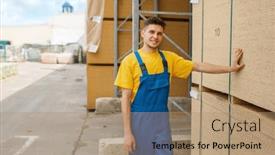  Presentation with hardware - Presentation theme enhanced with builder at the chipboard palletes hardware store background and a coral colored foreground