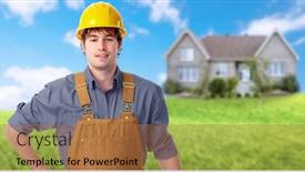  Presentation with handyman - PPT theme enhanced with builder handyman near new house background and a coral colored foreground
