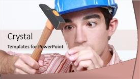  Presentation with builder - Colorful presentation design enhanced with builder hitting nail with hammer backdrop and a coral colored foreground