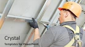  Presentation with building construction water supply - Beautiful slides featuring ventirator - worker builder making construction backdrop and a  colored foreground