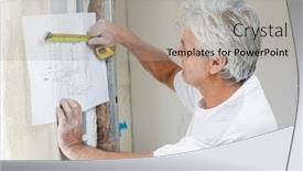  Presentation with builder - Presentation featuring builder measuring blueprints with tape background and a light gray colored foreground