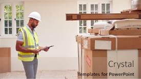  Presentation with property - Presentation design consisting of builder-wearing-hard-hat background and a coral colored foreground