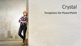  Presentation with arabian woman wearing hijab muslim - Colorful presentation enhanced with builder wearing helmet and lean backdrop and a light gray colored foreground