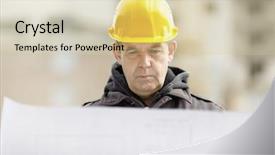  Presentation with quality control - Colorful theme enhanced with builder with blueprints on construction backdrop and a soft green colored foreground