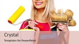  Presentation with builder - Colorful presentation theme enhanced with builder woman in newspaper hat with wallpaper isolated backdrop and a coral colored foreground