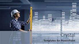  Presentation with builder - Audience pleasing slide deck consisting of builder woman taking measures mixed media backdrop and a light blue colored foreground