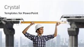  Presentation with builder - PPT theme featuring builder woman taking measures background and a cool aqua colored foreground