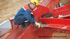  Presentation with worker safety - Presentation design having builder worker in safety protective equipment smothing out welded joint at metal construction frame by grinding machine background and a red colored foreground