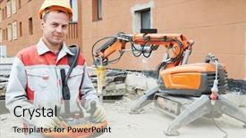  Presentation with construction robot - Amazing PPT layouts having builder worker in safety protective backdrop and a light gray colored foreground