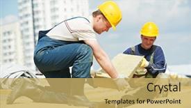  Presentation with house roof and roofing business - Cool new presentation theme with builder worker installing roof insulation backdrop and a yellow colored foreground