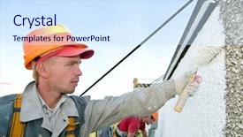  Presentation with house building - Beautiful slide set featuring builder worker painting facade of building house with roller backdrop and a sky blue colored foreground