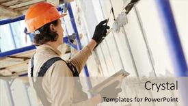  Presentation with joint - Cool new PPT layouts with builder-worker-works-with-facade backdrop and a soft green colored foreground