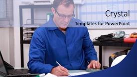  Presentation with fatherhood and working - Beautiful presentation theme featuring austerity - builder working on paperwork backdrop and a light blue colored foreground