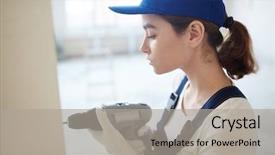  Presentation with female power plugs - PPT theme having builder working with power drill background and a light gray colored foreground