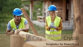 Presentation with building construction - PPT theme consisting of builders-are-chatting-while-working background and a coral colored foreground