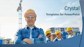  Presentation with building construction - Theme having builders in hardhats at construction background and a sky blue colored foreground