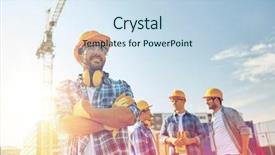  Presentation with business building blocks - Presentation theme featuring builders in hardhats at construction background and a sky blue colored foreground