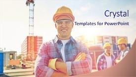  Presentation with building construction - PPT layouts enhanced with builders in hardhats at construction background and a sky blue colored foreground