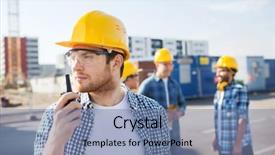  Presentation with business communications - PPT layouts with builders in hardhats with radio background and a seafoam green colored foreground