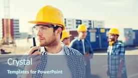  Presentation with teamwork - Amazing slide set having builders in hardhats with radio backdrop and a ocean colored foreground