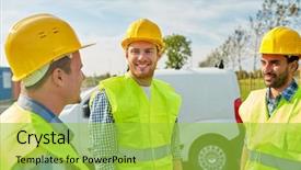  Presentation with building construction - Presentation theme enhanced with builders in high visible vest background and a yellow colored foreground