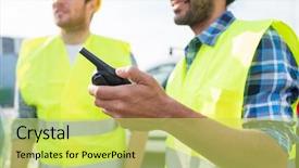 Presentation with walkie talkie - Theme with builders in high visible vest background and a yellow colored foreground