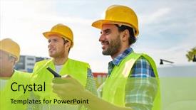  Presentation with walkie talkie - Cool new slide deck with builders in high visible vest backdrop and a yellow colored foreground