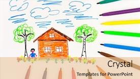  Presentation with abstract art - Presentation theme having cartoon building - child's drawing and pens background and a coral colored foreground