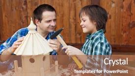  Presentation with father son hands - PPT layouts having building a wooden bird house background and a coral colored foreground