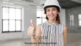  Presentation with architecture construction - Beautiful presentation design featuring building architecture and construction business concept - businesswoman or architect in helmet showing thumbs up at office room backdrop and a coral colored foreground