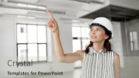  Presentation with architecture construction - Colorful presentation enhanced with building architecture and construction business concept - businesswoman or architect in helmet at office room backdrop and a light gray colored foreground