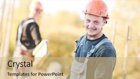  Presentation with building construction - PPT layouts consisting of construction worker at building area background and a coral colored foreground