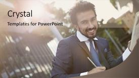  Presentation with employee working in industry - Presentation theme having building blocks writing - employee working outdoors background and a soft green colored foreground