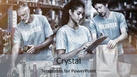  Presentation with large warehouse logistic or distribution - Audience pleasing presentation theme consisting of building charity - attentive volunteers working backdrop and a light blue colored foreground