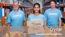  Presentation with volunteer - Theme with building charity - happy volunteer holding a sign background and a coral colored foreground