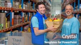  Presentation with grocery bag - PPT theme consisting of building charity - happy volunteers holding a grocery background and a  colored foreground