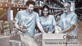  Presentation with cardboard - Presentation design having building charity - happy volunteers tidy some goods background and a light gray colored foreground