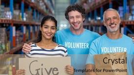  Presentation with volunteer - Colorful theme enhanced with building charity - portrait of happy volunteer are backdrop and a  colored foreground